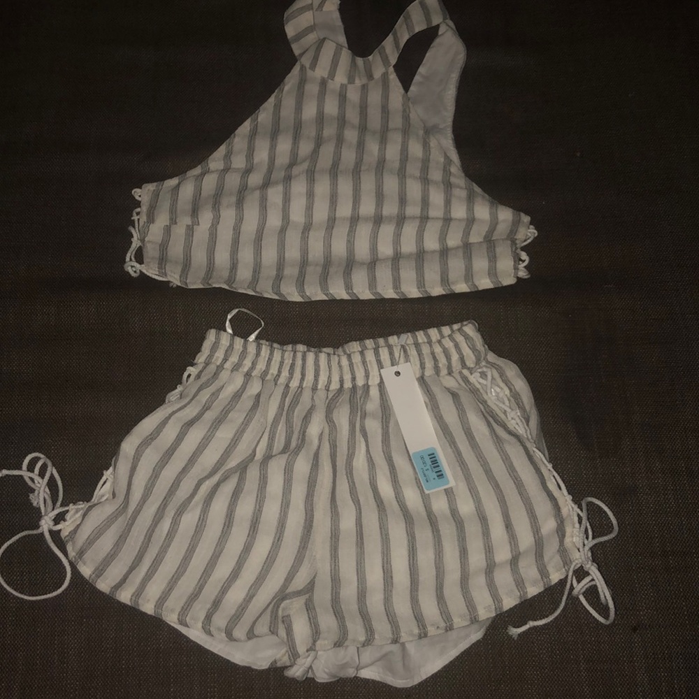Matching  shorts and top white grey stripes